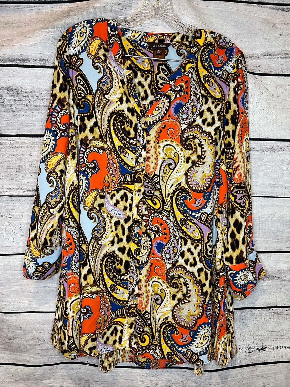 Multiples Paisley & Leopard Button-Front Tunic Orange Blue Yellow Boho Pleated